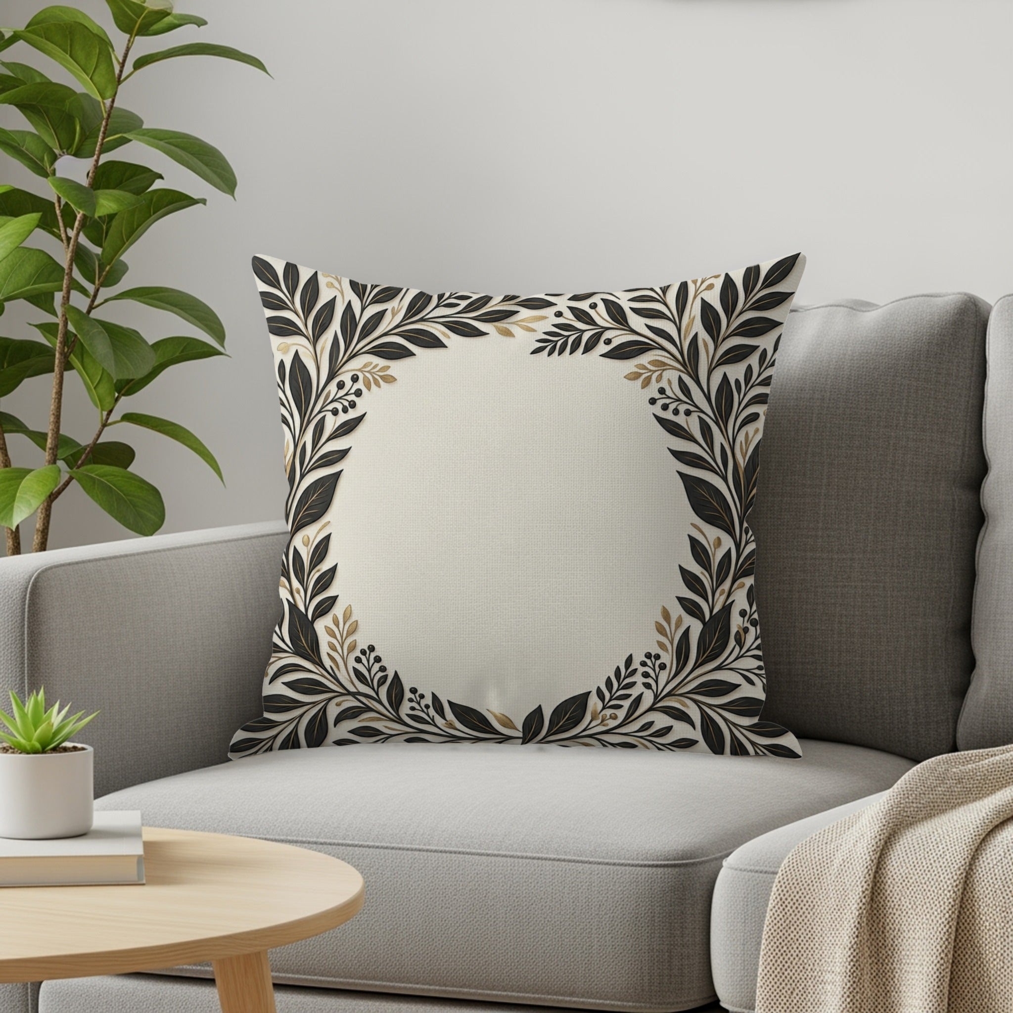 Cream throw pillow with a black and gold floral border on a gray sofa.