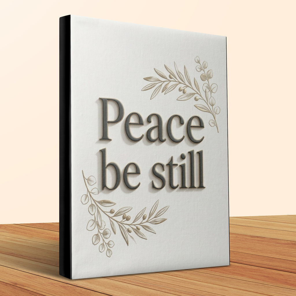 "Peace be still" text with leafy branches on a textured canvas block.