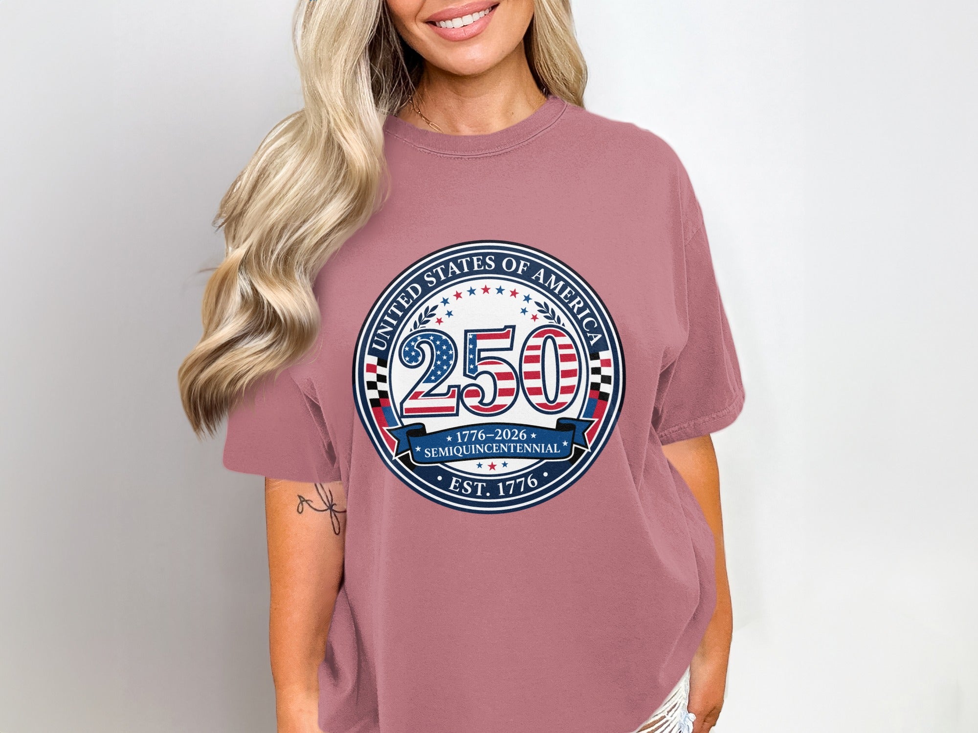 T-shirt with "United States of America 250 Semiquincentennial" circular logo.