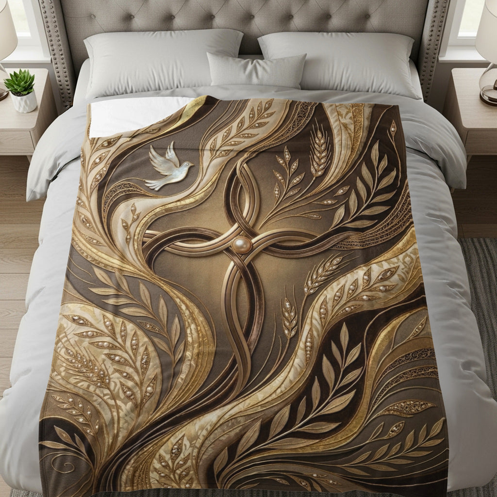 Gold cross with dove and intricate floral design on a white blanket.