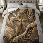 Gold cross with dove and intricate floral design on a white blanket.