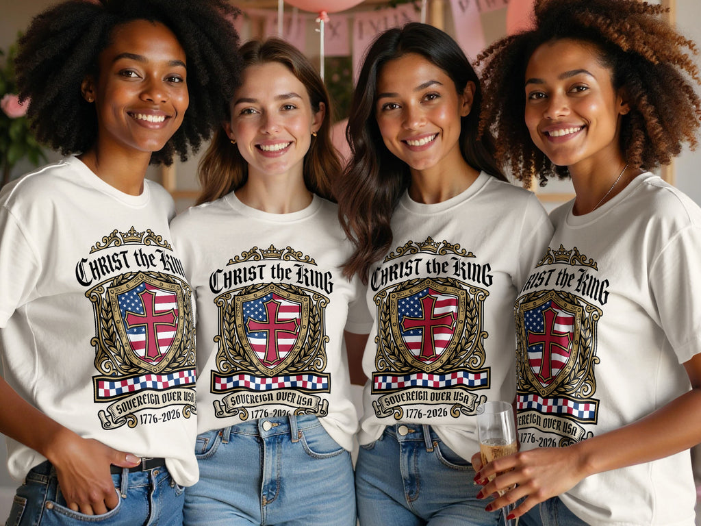 Four women wear white t-shirts with "Christ the King" and a shield design.