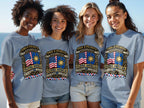 Four smiling women in gray t-shirts with "Pinay & Patriotic Filipina American" flag design.