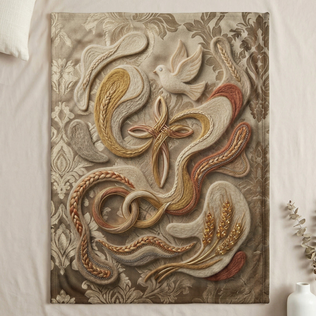 Tapestry with interwoven cross, dove, wheat, and decorative patterns.