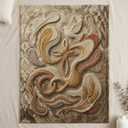 Tapestry with interwoven cross, dove, wheat, and decorative patterns.