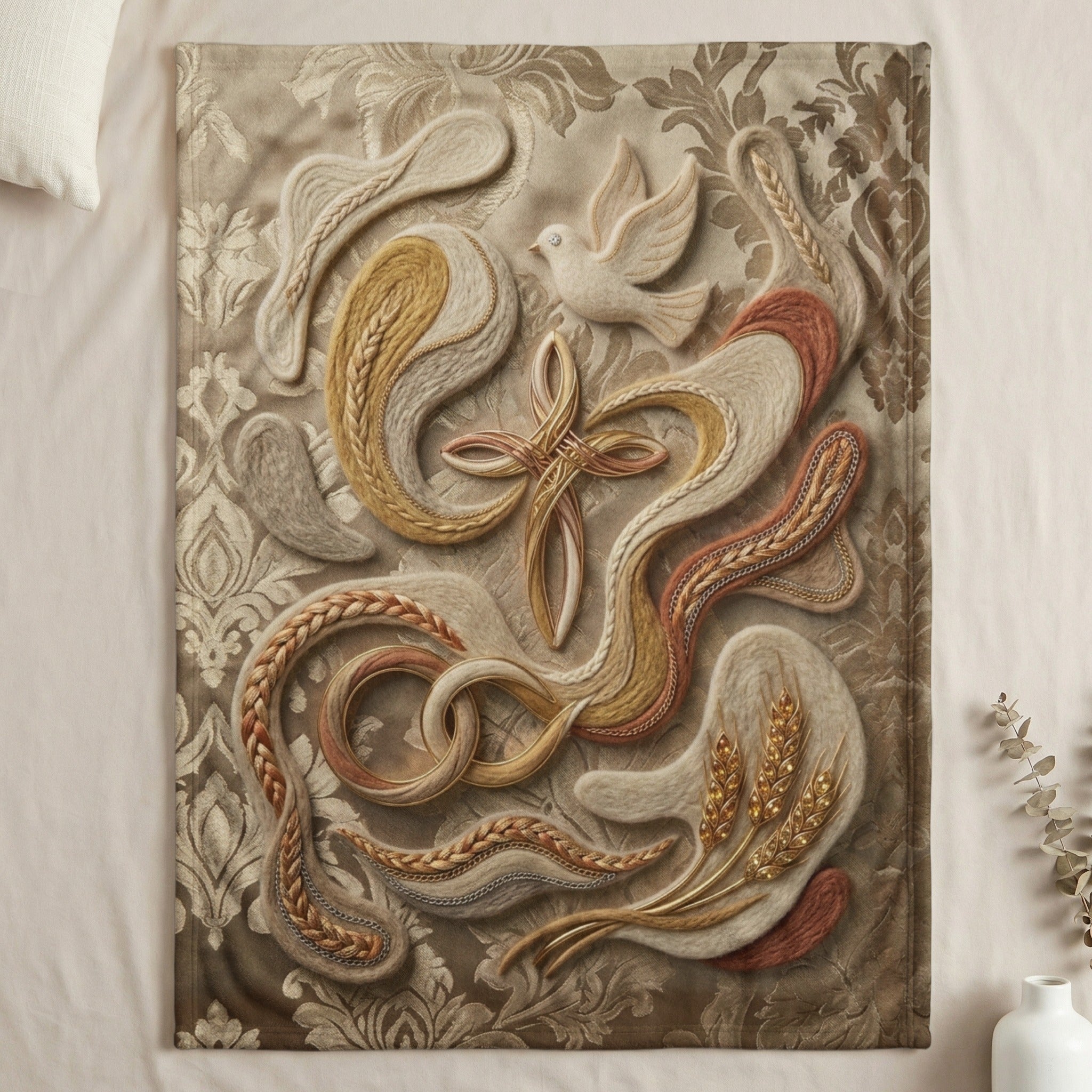 Tapestry with interwoven cross, dove, wheat, and decorative patterns.