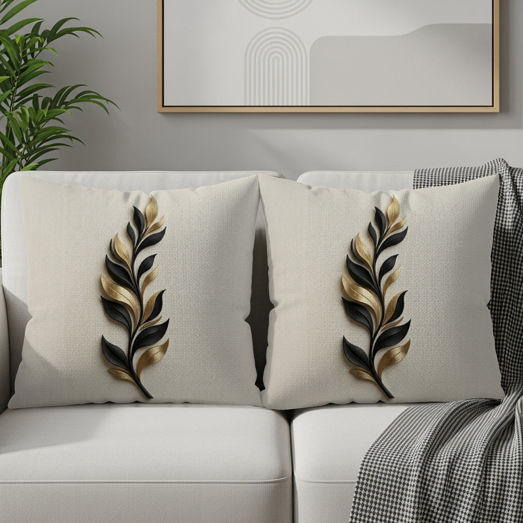Two cream throw pillows with black and gold feather designs on a white sofa.