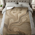 Textured blanket with Christian cross and fish symbols on a bed.