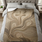 Textured blanket with Christian cross and fish symbols on a bed.