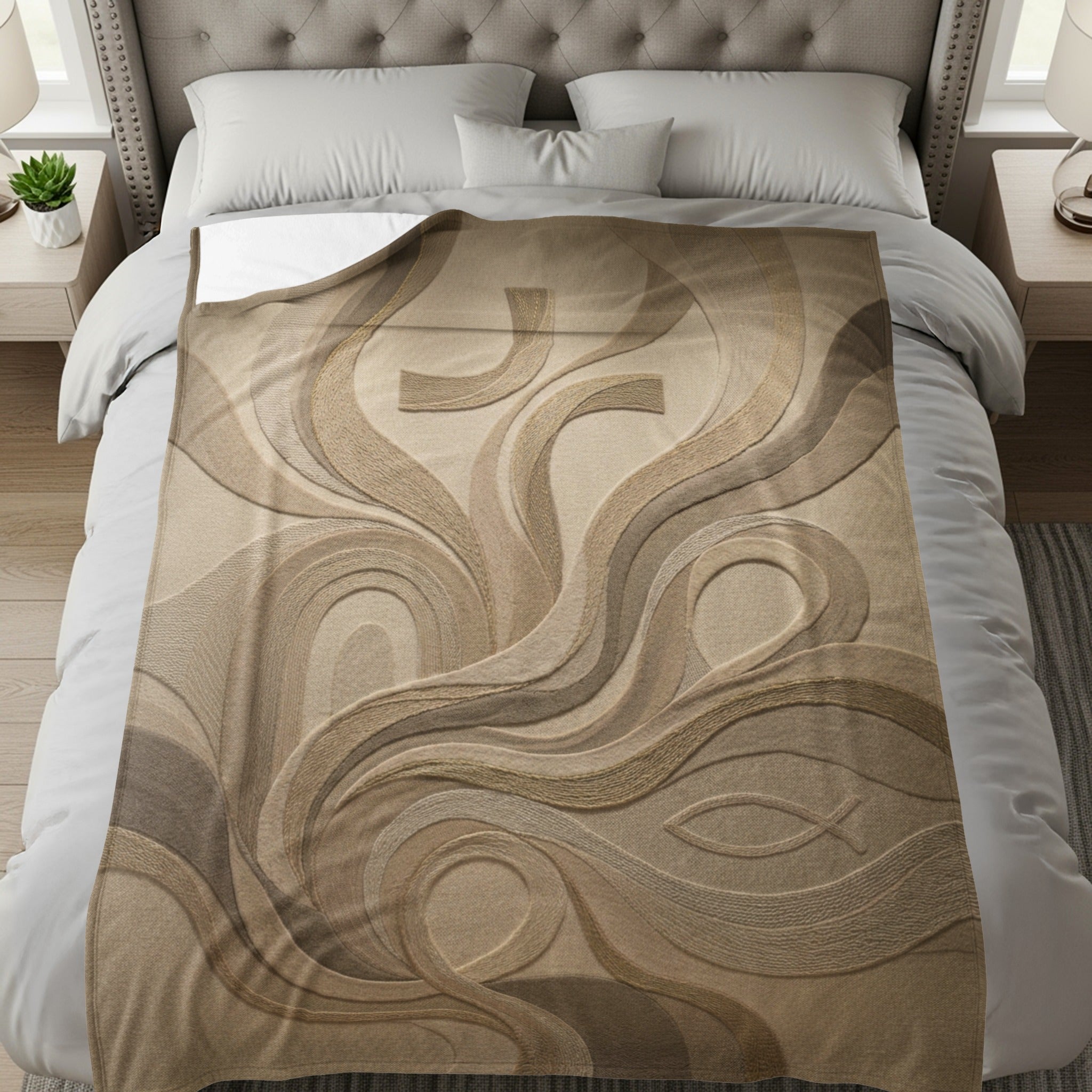 Textured blanket with Christian cross and fish symbols on a bed.