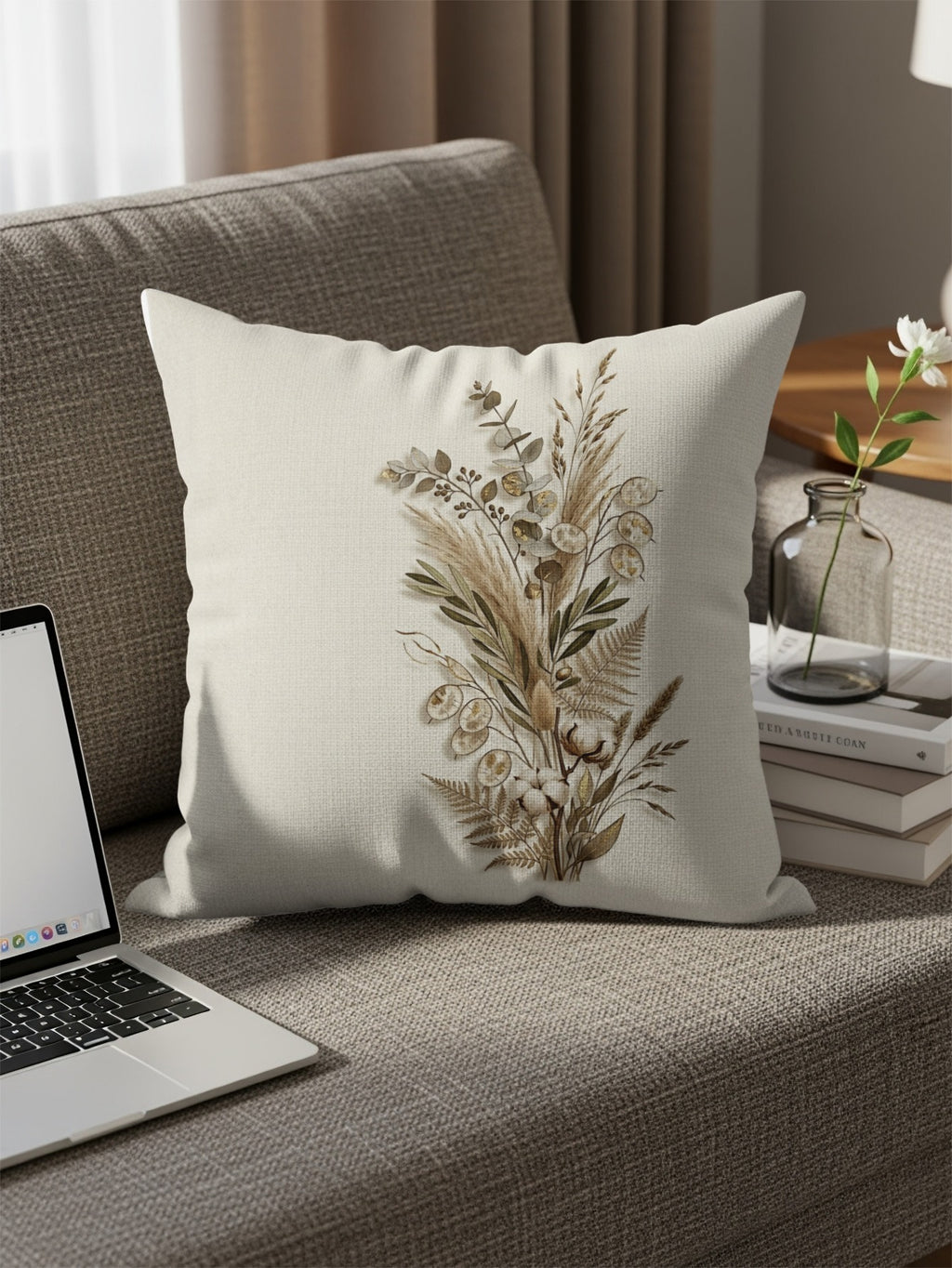 Pillow with dried botanicals print on a couch with a laptop.
