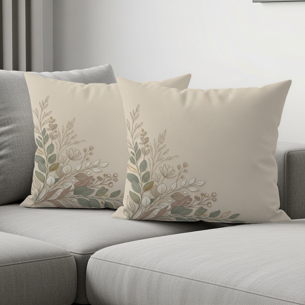 Two beige throw pillows with a delicate floral embroidery pattern.