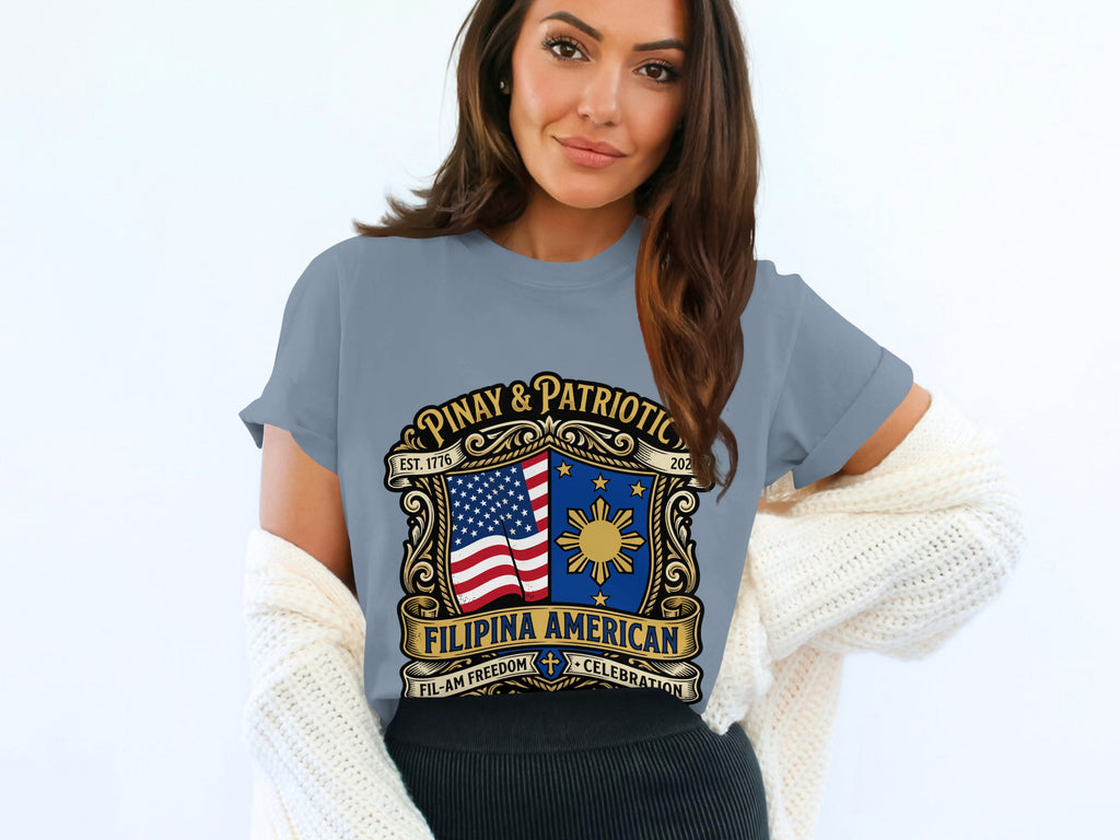 Gray t-shirt with "Pinay & Patriotic Filipina American" text and US flag.