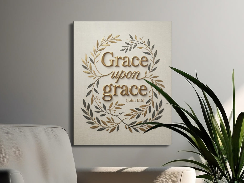 Canvas art with "Grace upon grace" scripture and leafy border.