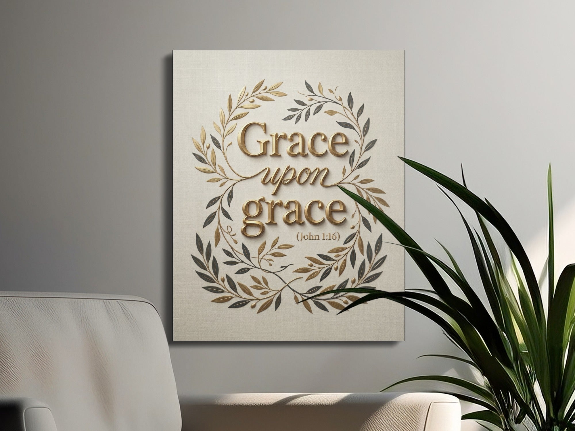 Canvas art with "Grace upon grace" scripture and leafy border.
