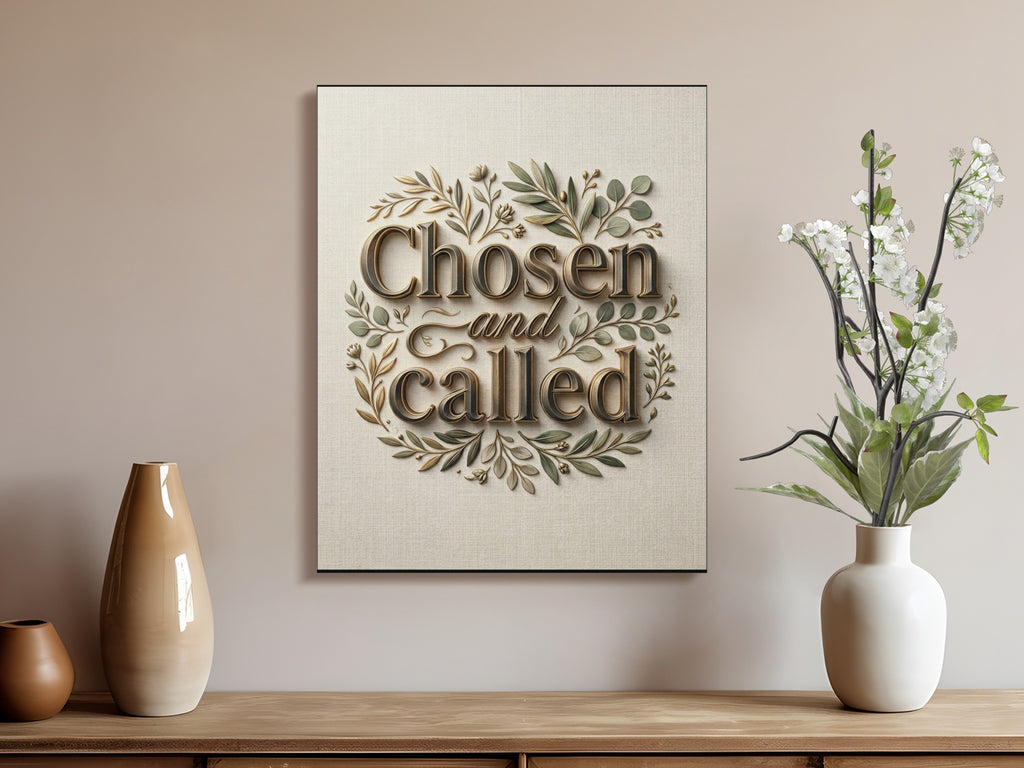 Text art with "Chosen and Called" in ornate font surrounded by leaves and flowers.