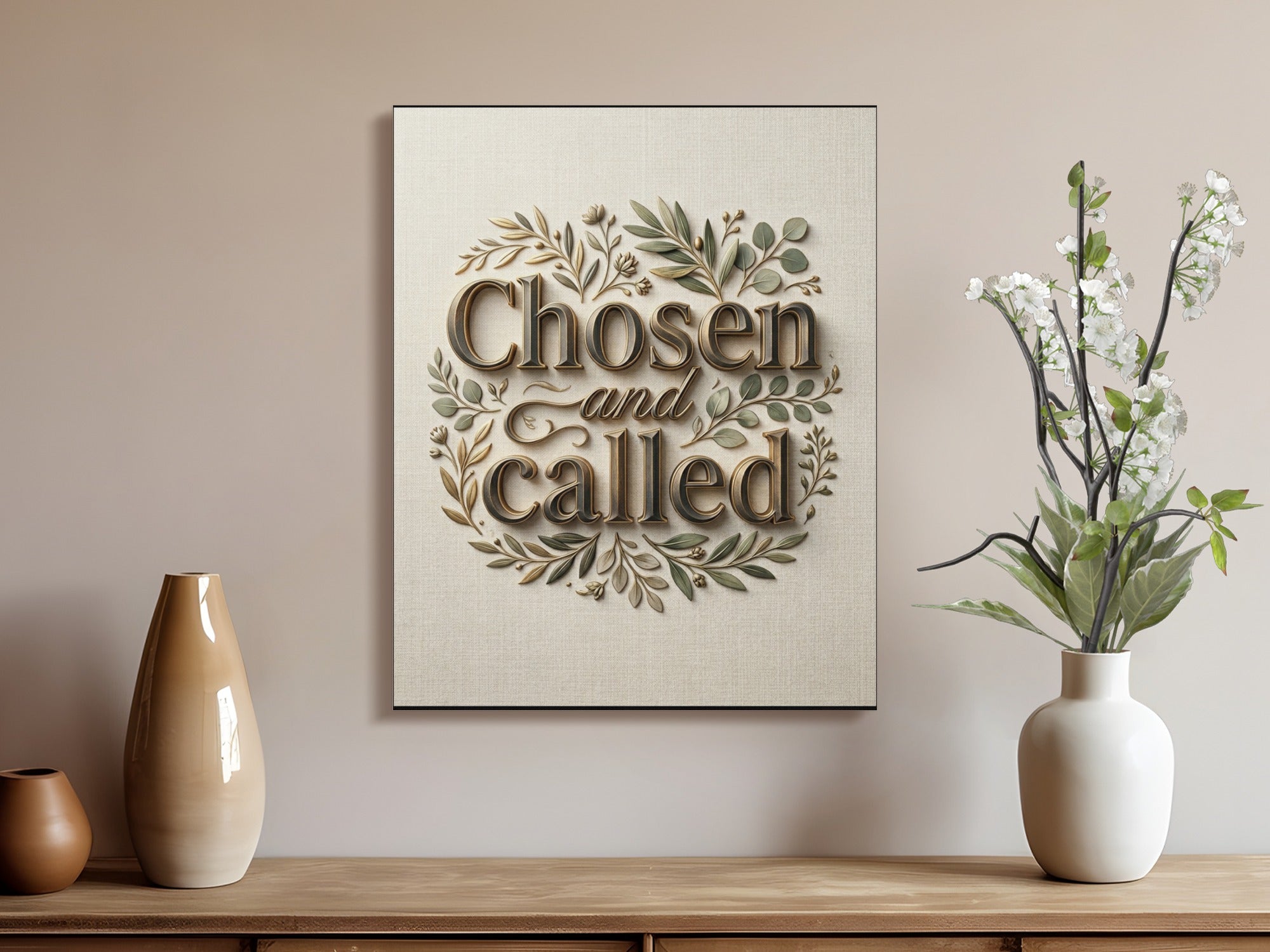 Text art with "Chosen and Called" in ornate font surrounded by leaves and flowers.
