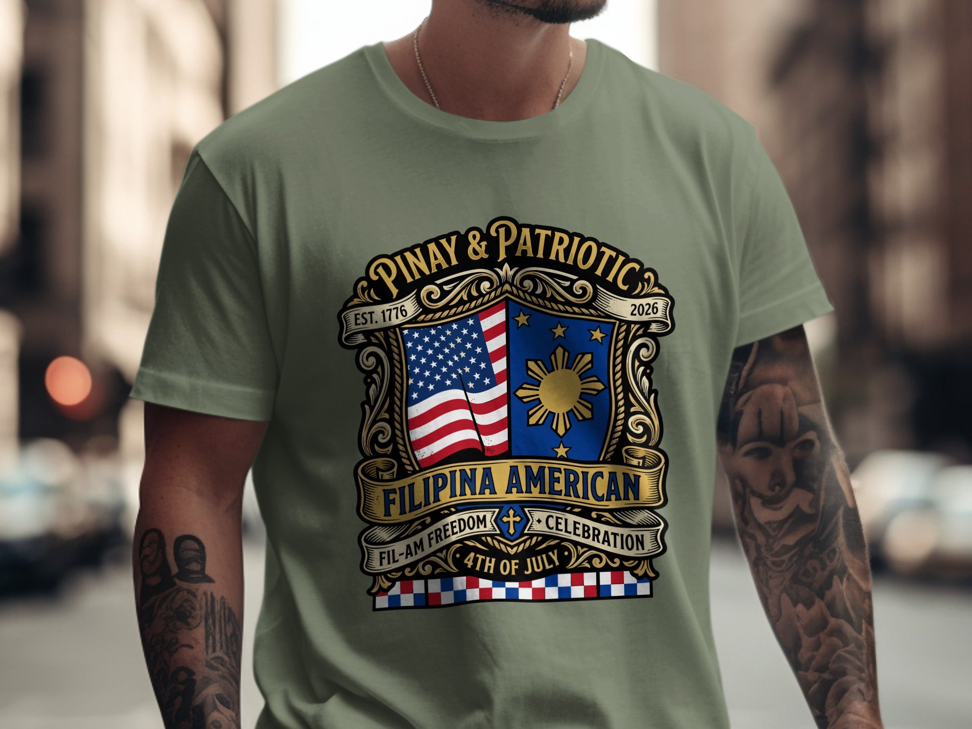 Green t-shirt with "Pinay & Patriotic Filipina American Freedom Celebration" text and US flag.