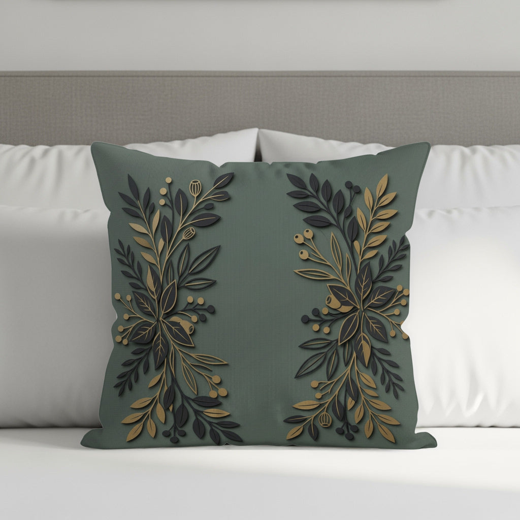 Green throw pillow with gold floral design centered on a bed.