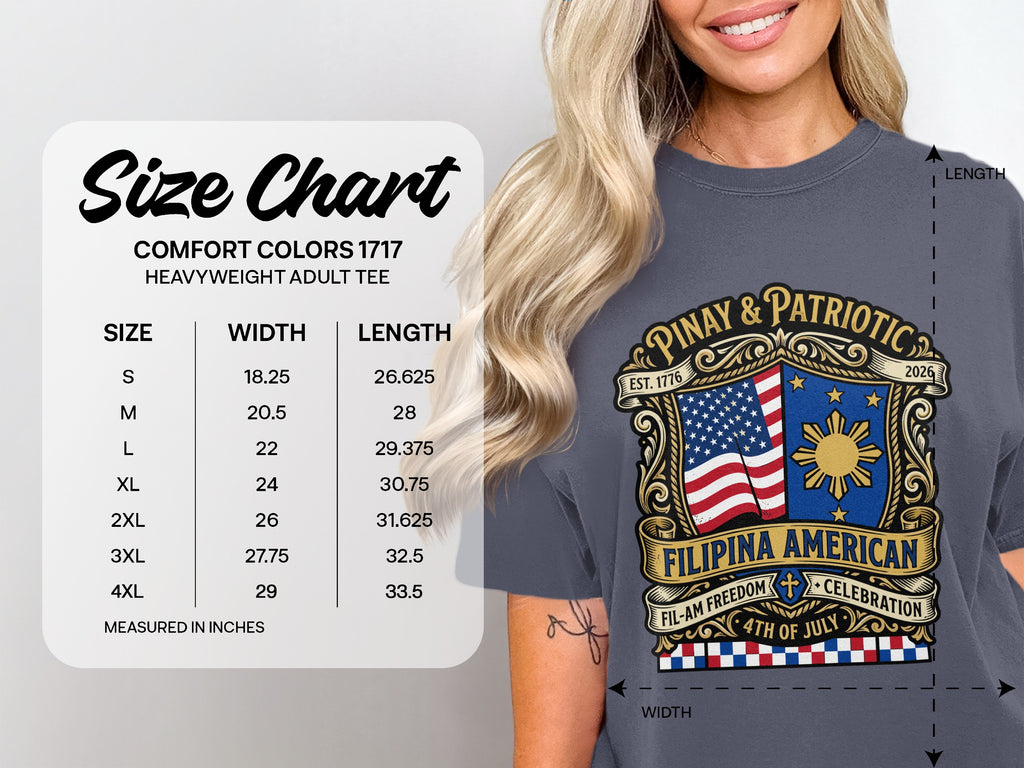 Size chart for a Filipina American t-shirt, showing S-4XL measurements.
