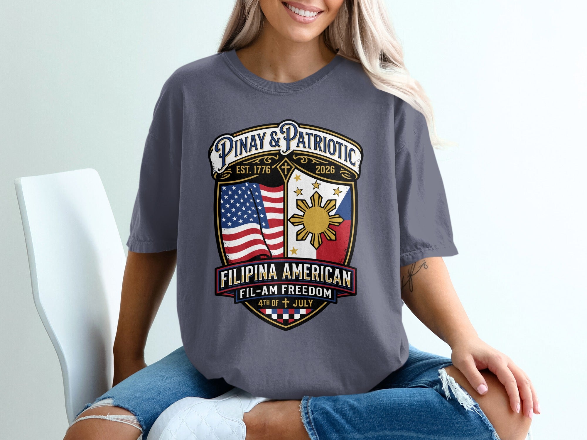 Gray t-shirt with "Pinay & Patriotic" shield, American flag, sun, and text.