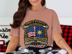 Filipina American Pinay & Patriotic t-shirt with American flag and sunburst emblem.