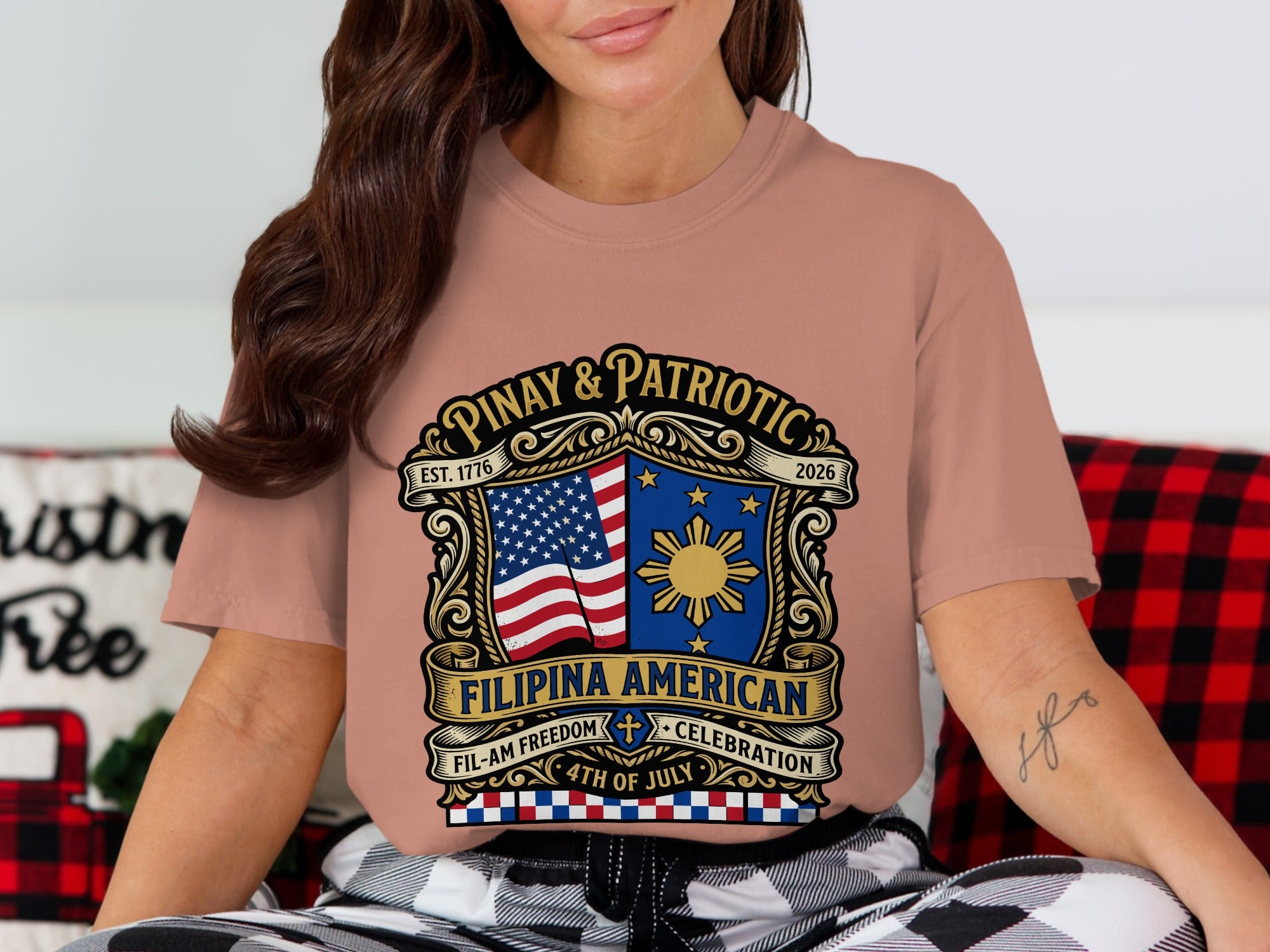 Filipina American Pinay & Patriotic t-shirt with American flag and sunburst emblem.