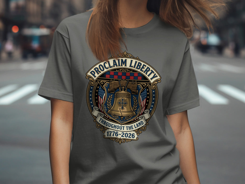 Gray t-shirt with a "Proclaim Liberty" bell logo featuring American flags and "1776-2026."