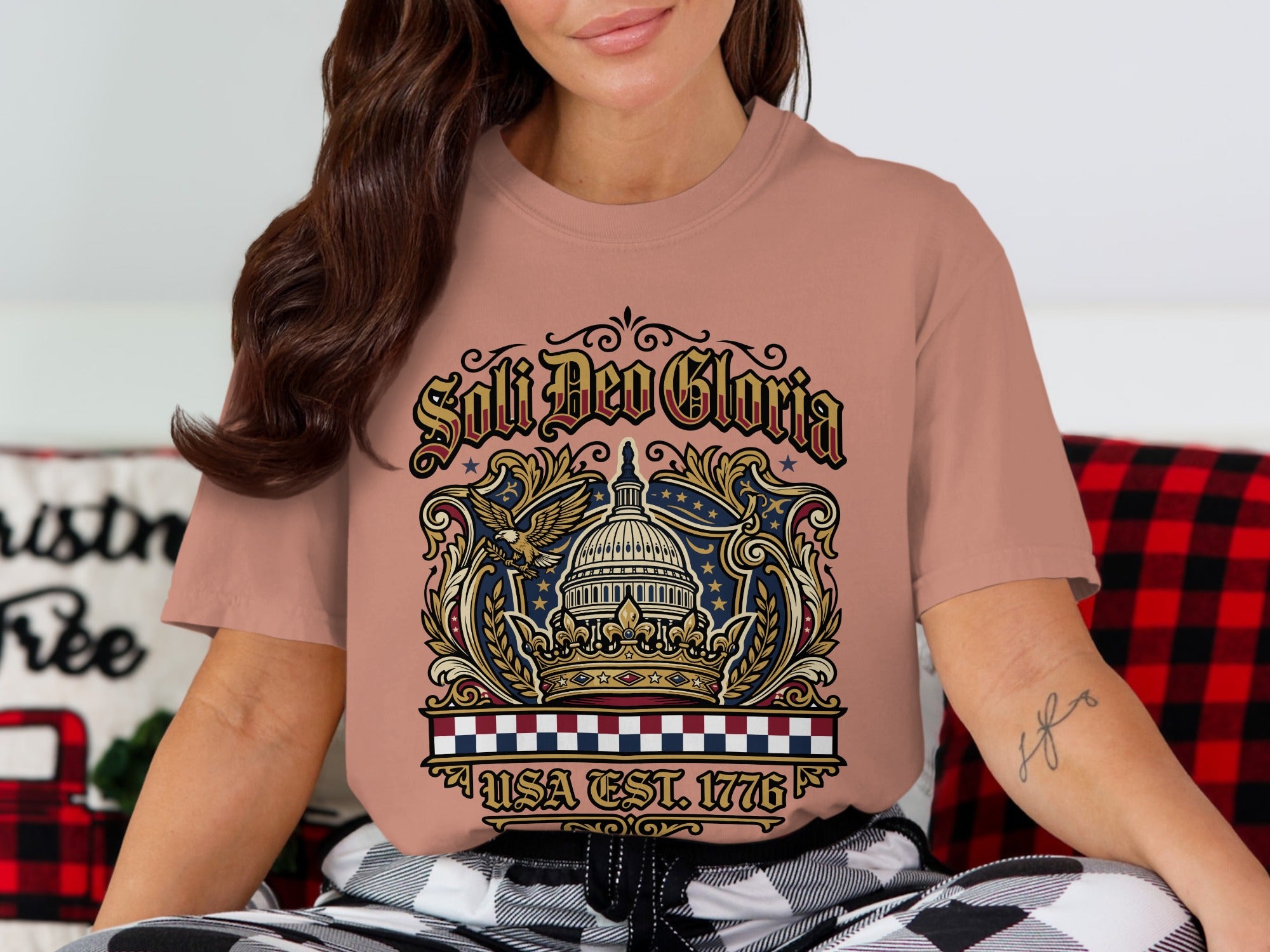 T-shirt with "Soli Deo Gloria" text, an eagle, a crown, and the US Capitol.