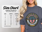 Comfort Colors heavyweight t-shirt size chart with product details and Roman scripture.