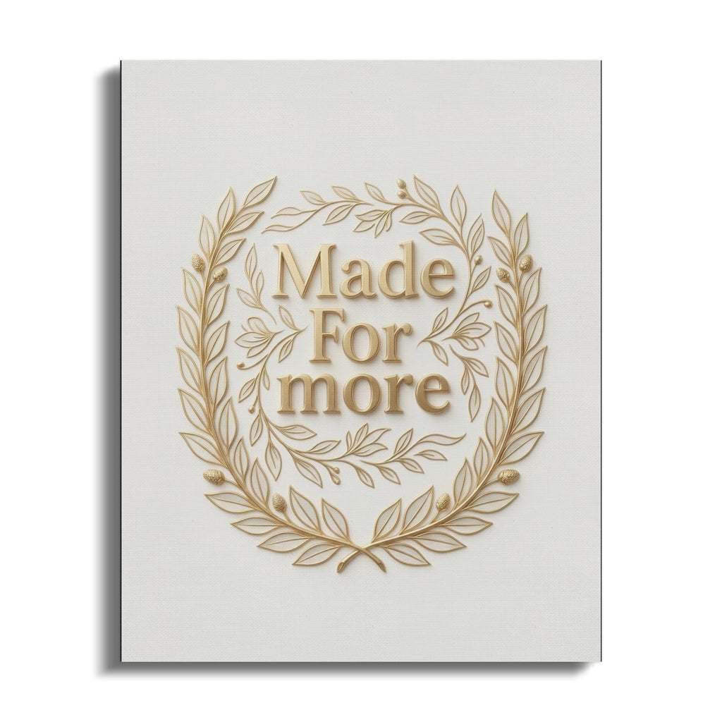 Golden laurel wreath with "Made For more" text on a textured white background.