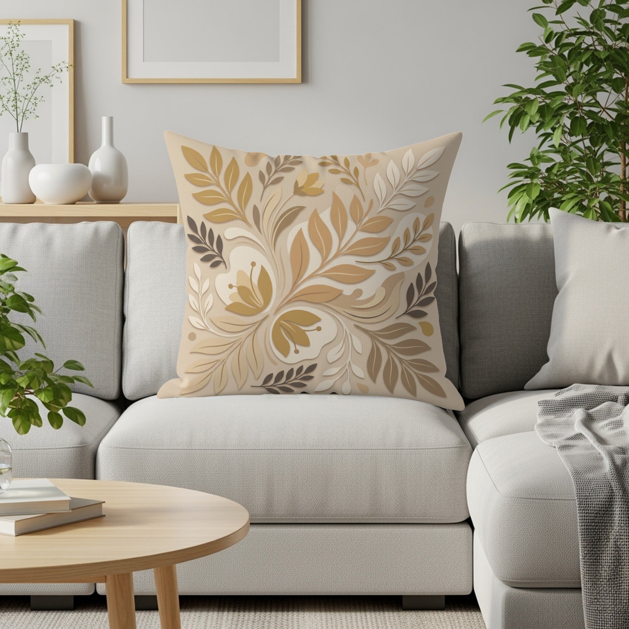 Beige throw pillow with ornate floral pattern on a grey couch.