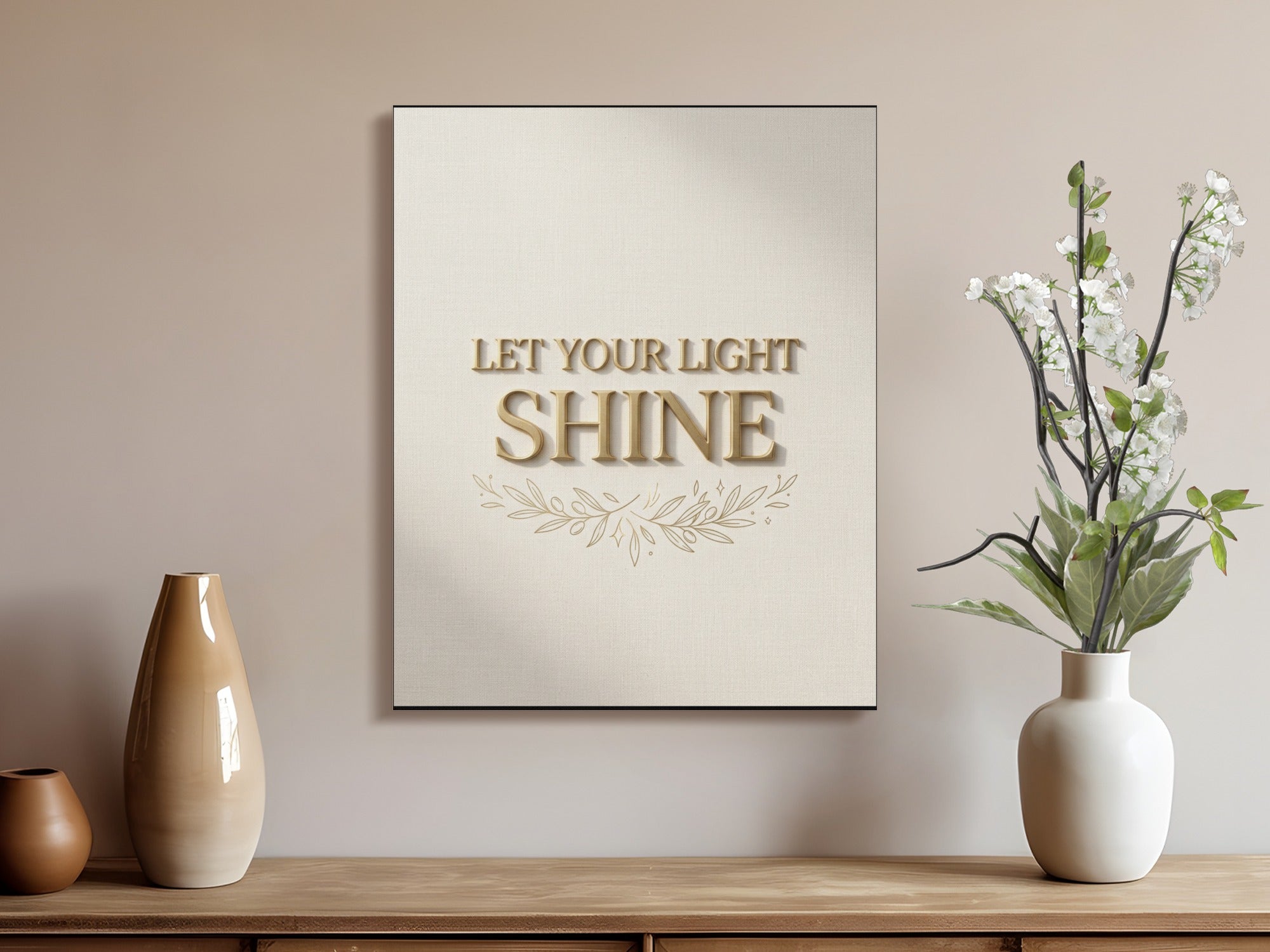 Gold text "LET YOUR LIGHT SHINE" on a canvas with floral design.