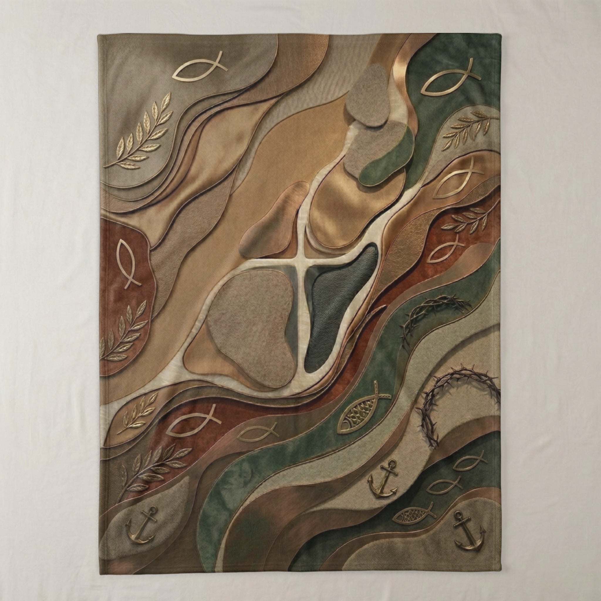 Abstract religious blanket with cross, fish, and anchor motifs.