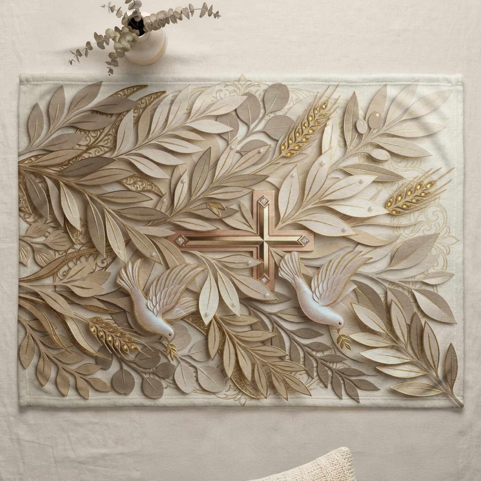 Table runner with a cross, doves, and wheat stalk motif.