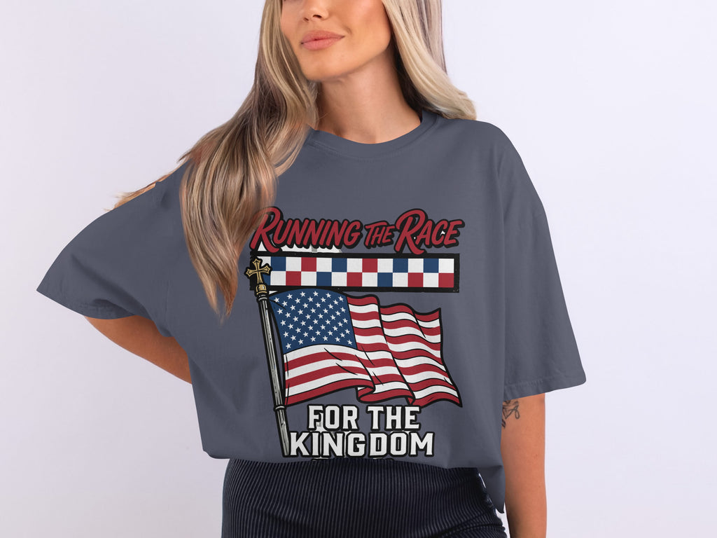 T-shirt with American flag and "Running the Race for the Kingdom" text.