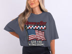 T-shirt with American flag and "Running the Race for the Kingdom" text.