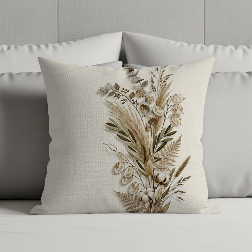 Square linen pillow with dried floral arrangement design.