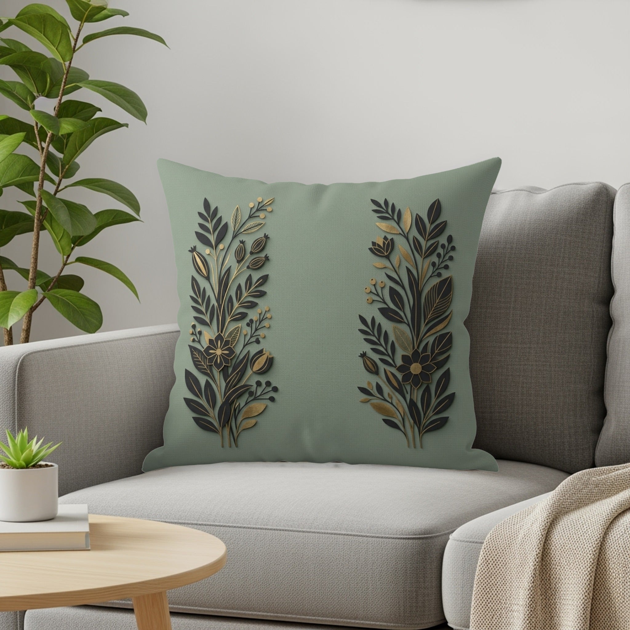Sage green throw pillow with two symmetrical gold and dark green floral designs.