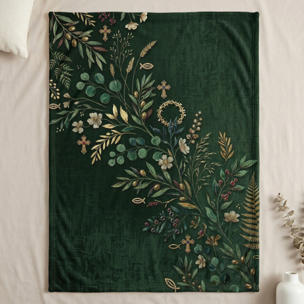 Green fleece blanket with botanical print and small crosses.