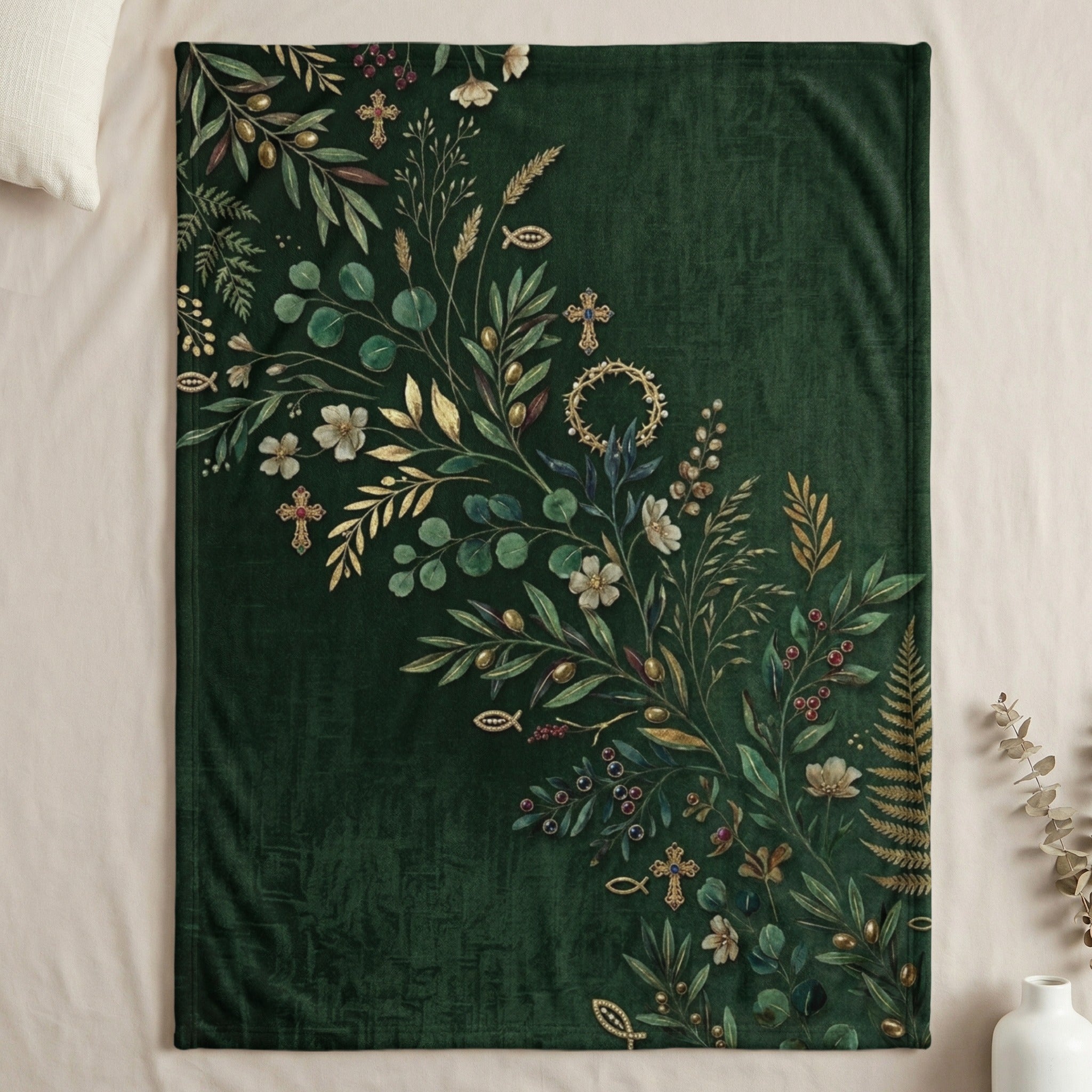 Green fleece blanket with botanical print and small crosses.