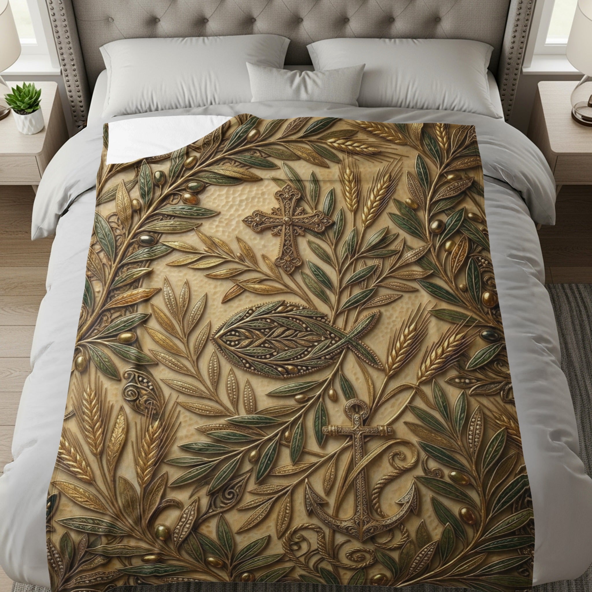 Textured blanket with a Christian fish, anchor, and cross motif.