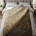 Faux fur throw with ornate gold scrollwork, crosses, and fish symbols.