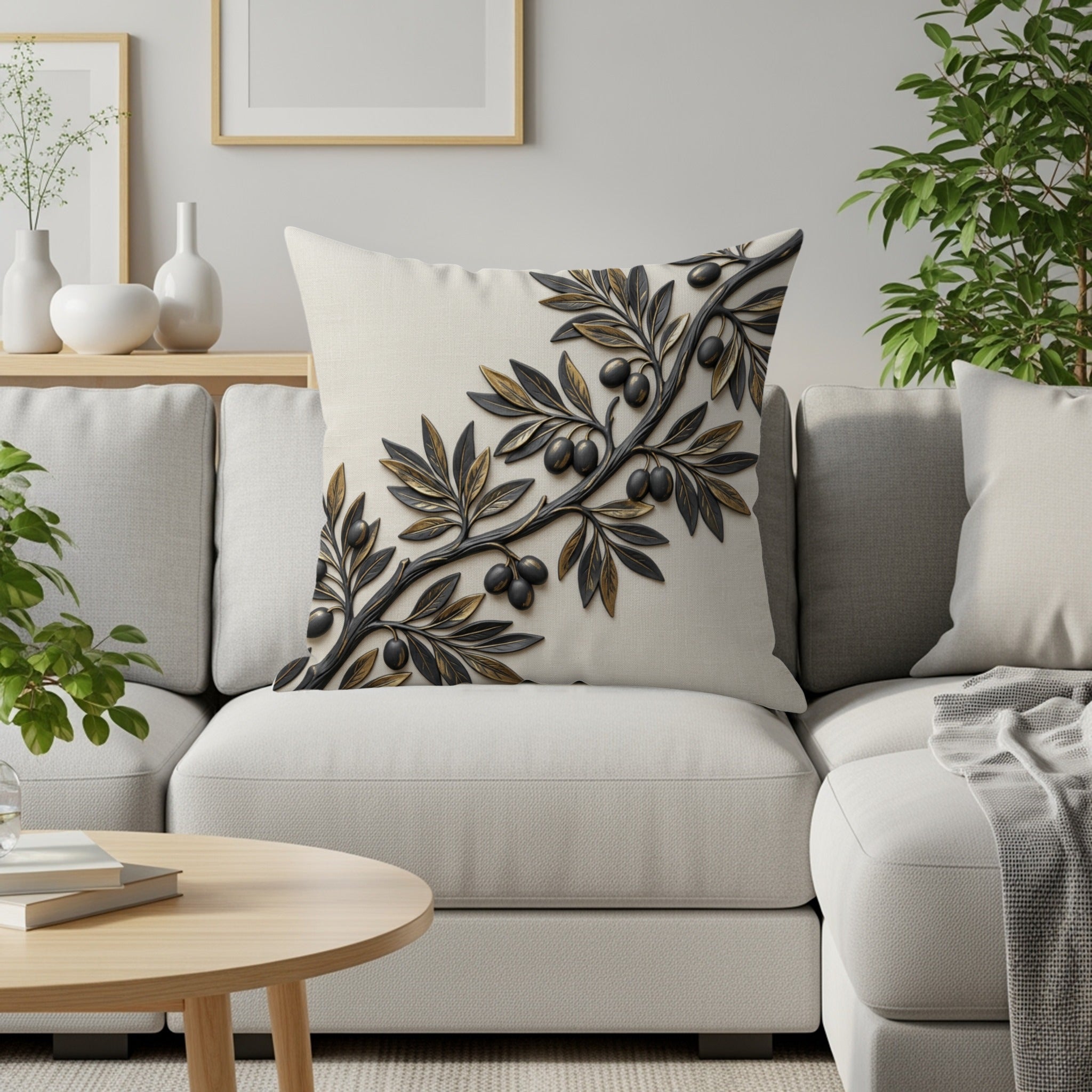 Cushion with a stylized olive branch design on a sofa.