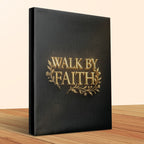 Black book with "Walk By Faith" embossed in gold lettering.