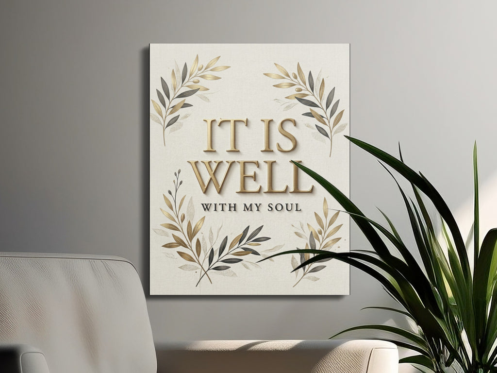 Canvas art with "It Is Well With My Soul" text and gold leaf design.