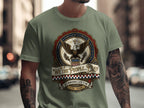 Olive green t-shirt with eagle, patriotic seal, and "We the People Pray" text.