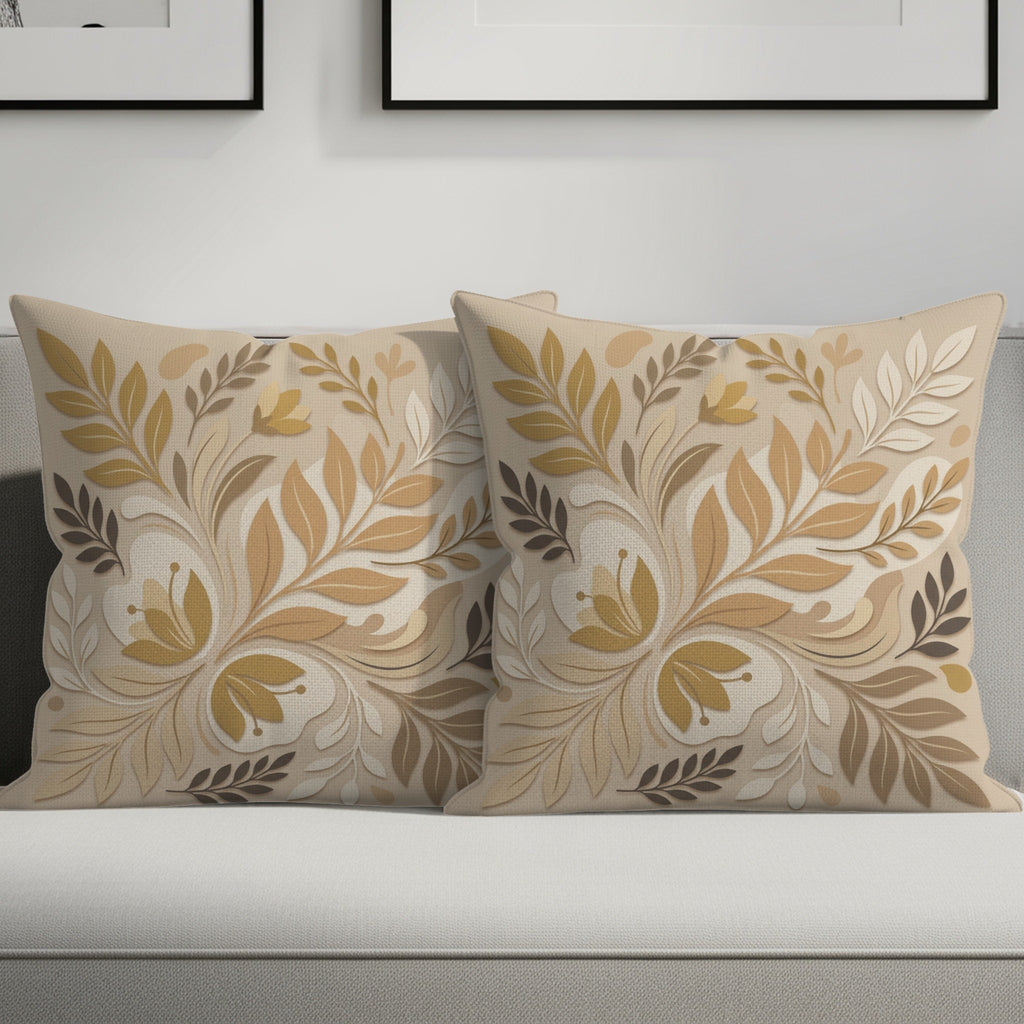 Two throw pillows with a floral leaf pattern on a sofa.