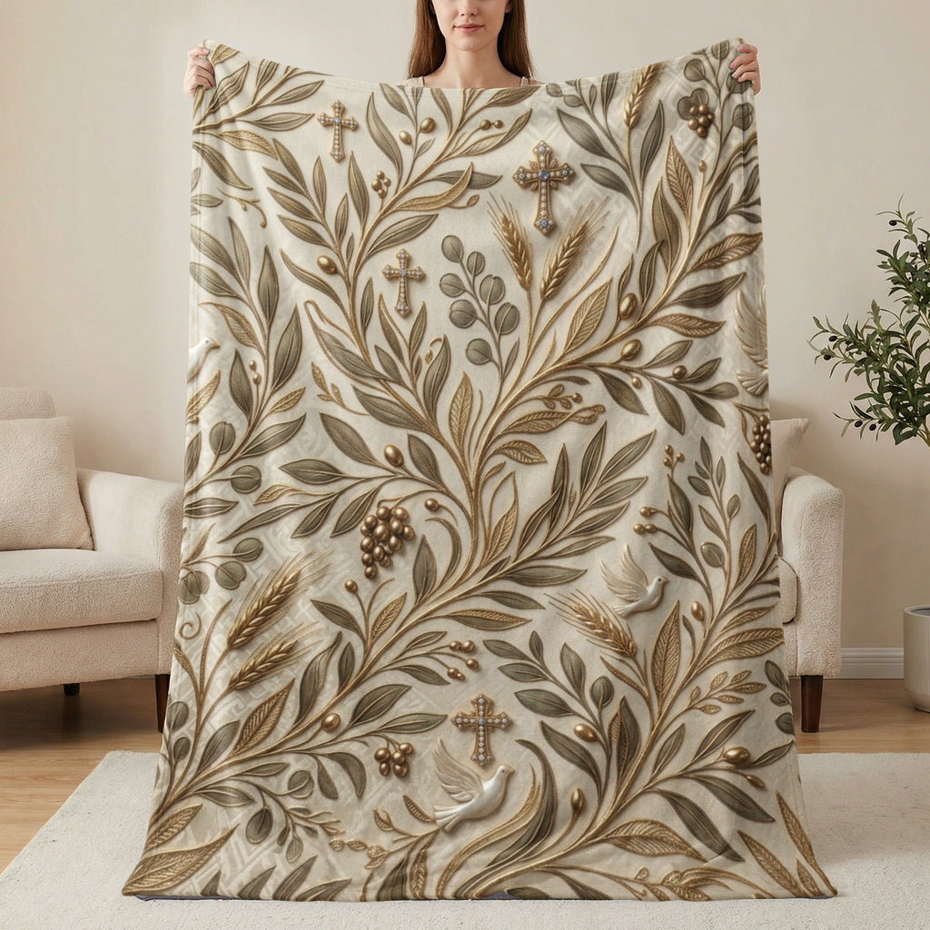 Faux fur blanket with ornate golden botanical and cross pattern.