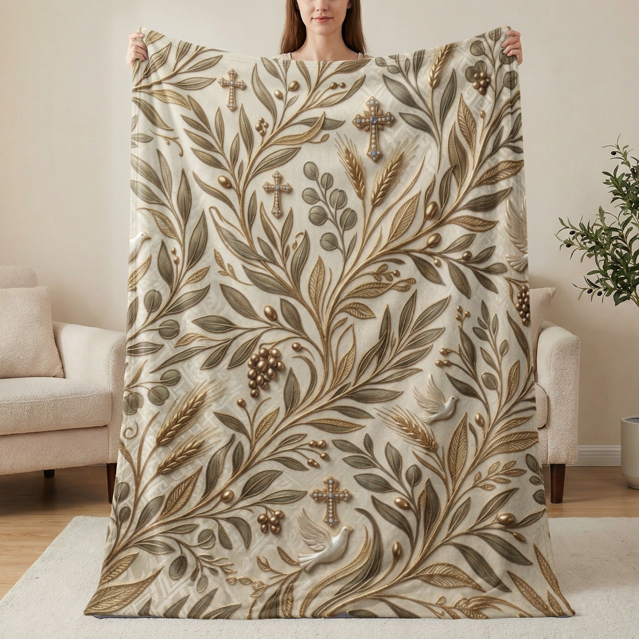 Faux fur blanket with ornate golden botanical and cross pattern.